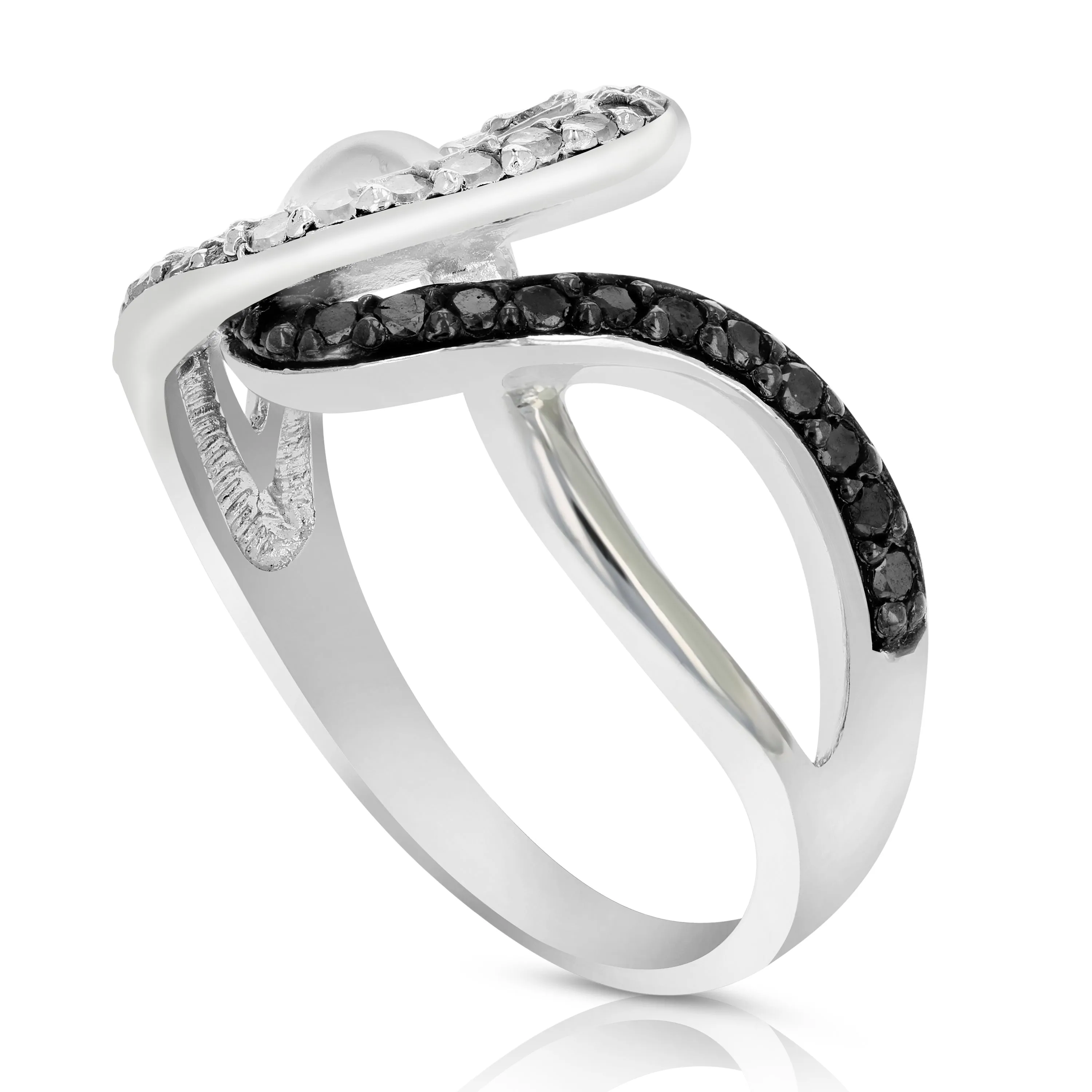 0.45 cttw Black and White Diamond Wave Ring .925 Sterling Silver Rhodium