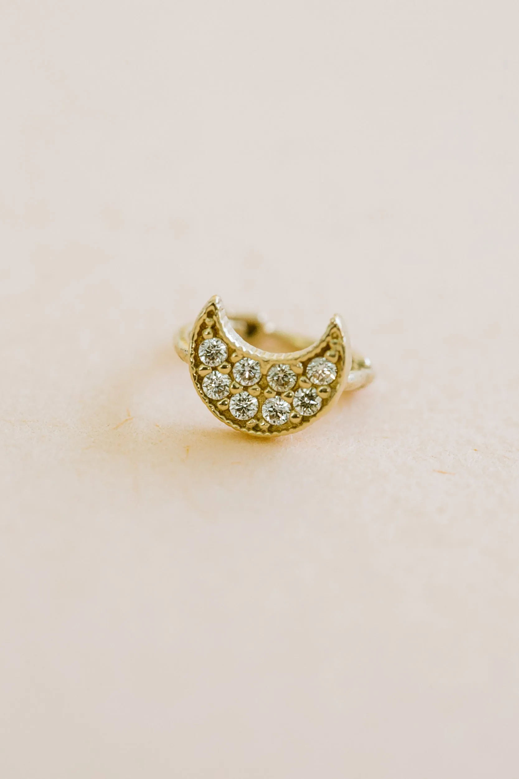 14K Solid Gold Jewelry Delicate Cz Half Crescent Moon Earring Hoop Ring