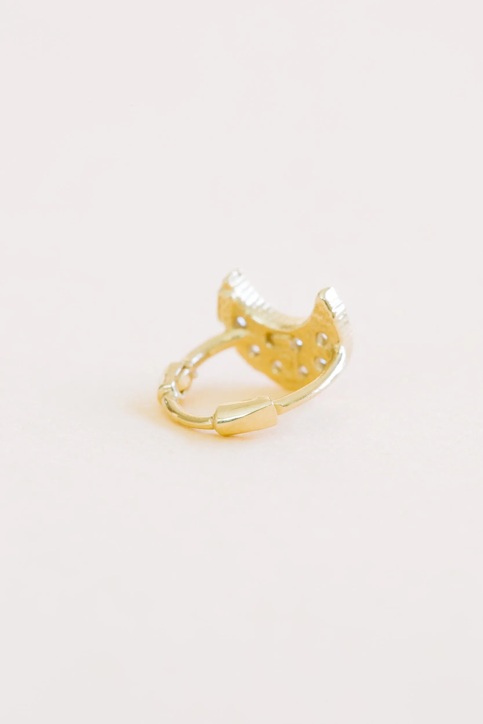 14K Solid Gold Jewelry Delicate Cz Half Crescent Moon Earring Hoop Ring