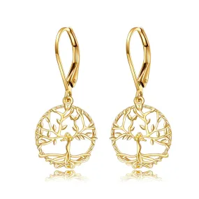 14k Solid Gold Tree of Life Leverback Earrings for Women, Dangle Drop Earrings Birthday Gifts for Her