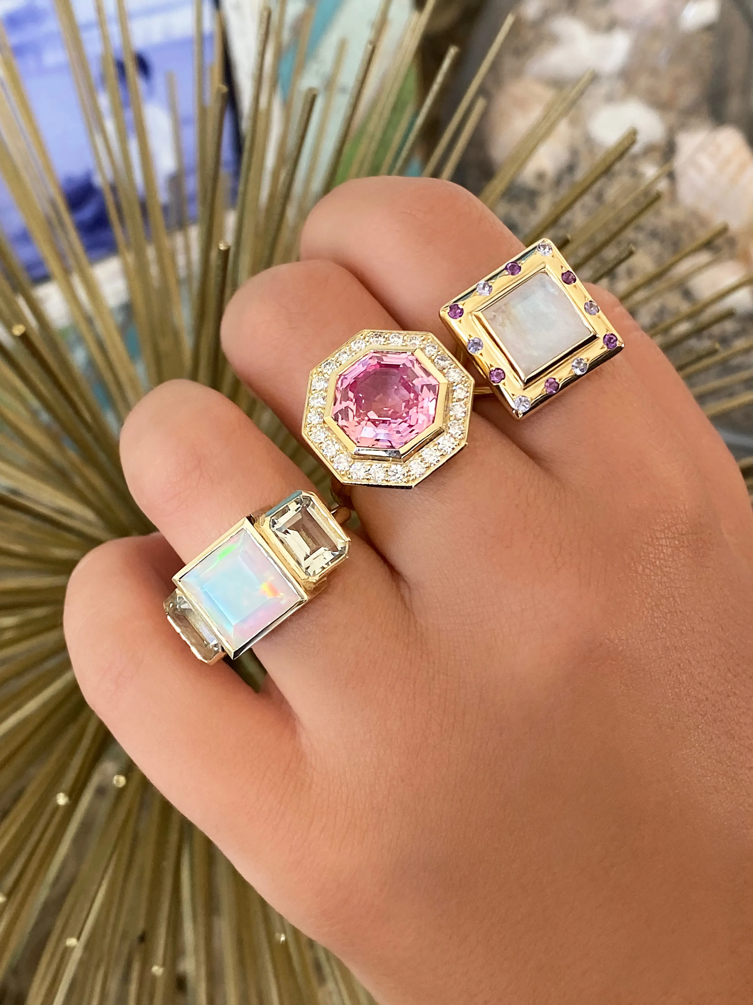 14K YG Pink Ceylon Padparadscha Sapphire and Diamond Bia Ring