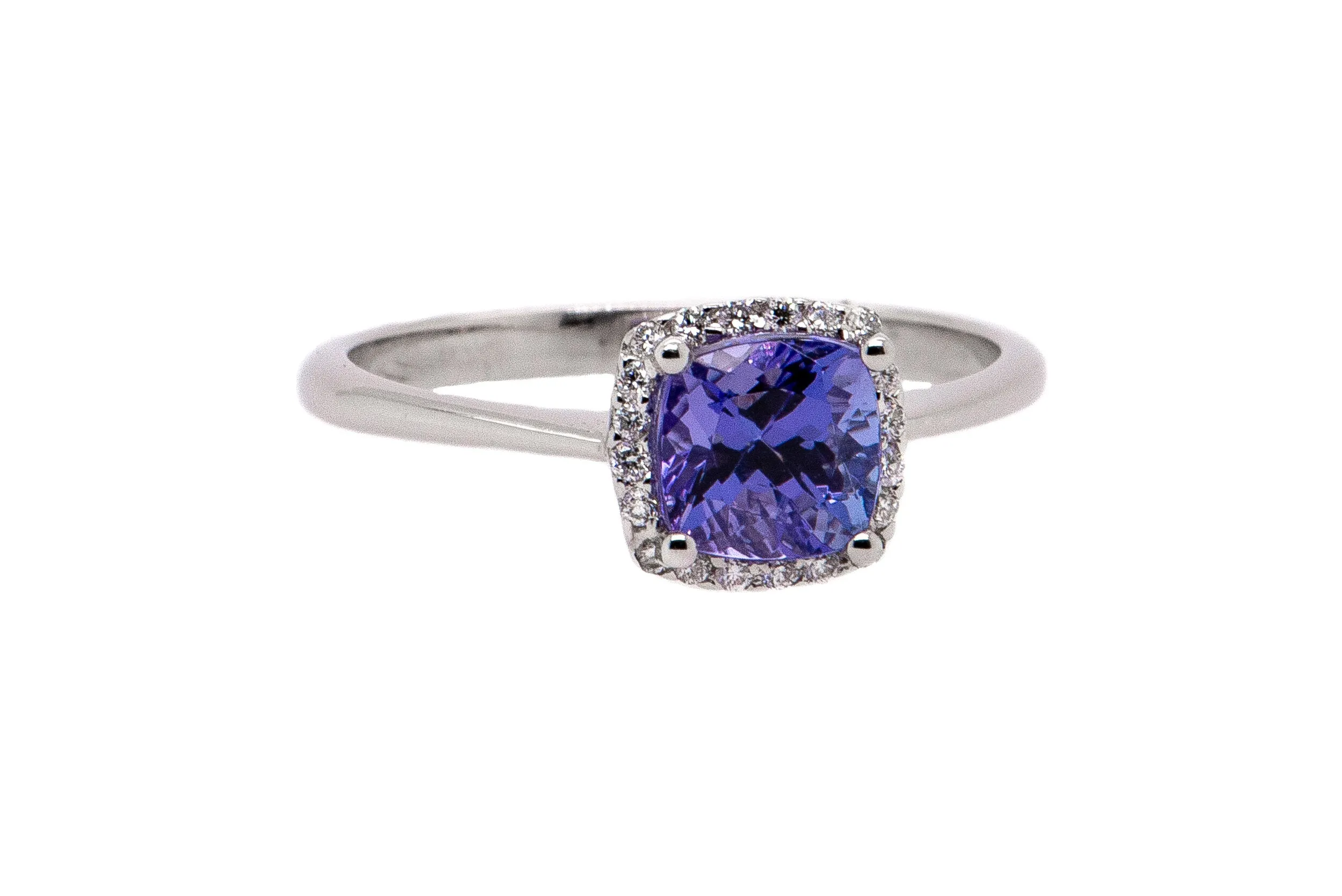 14kt White Gold Cushion Tanzanite and Round Diamond Ring