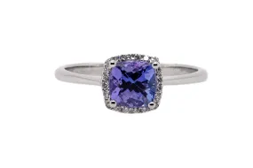 14kt White Gold Cushion Tanzanite and Round Diamond Ring