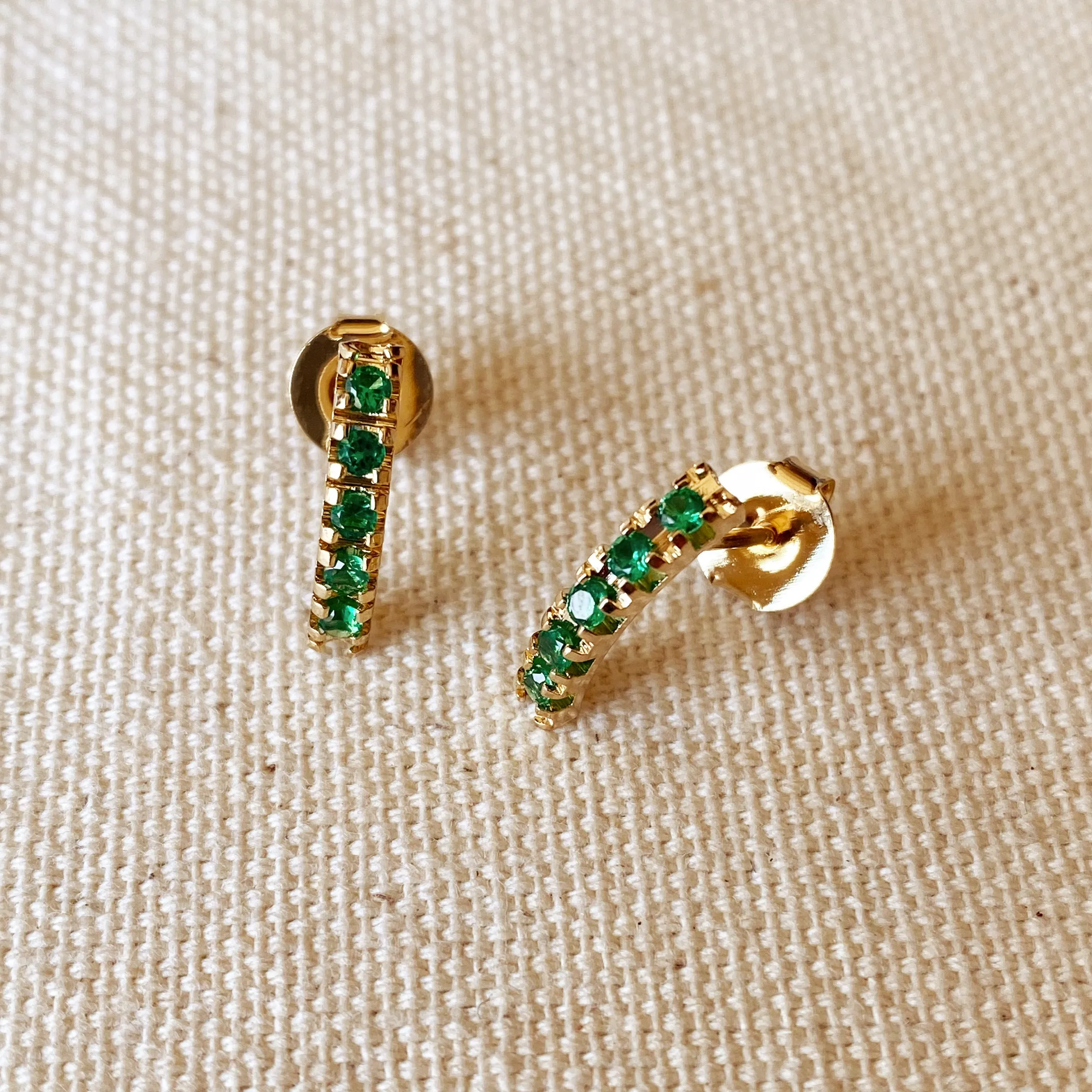 18k Gold Filled Curved Bar Emerald Green Crystal Stud Earrings