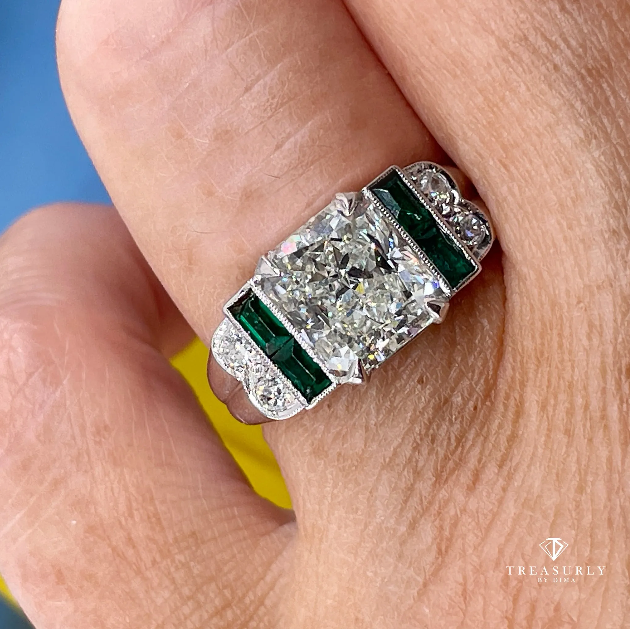 1980s Vintage GIA 3.77ctw Radiant cut DIAMOND & Green EMERALDs Platinum Ring