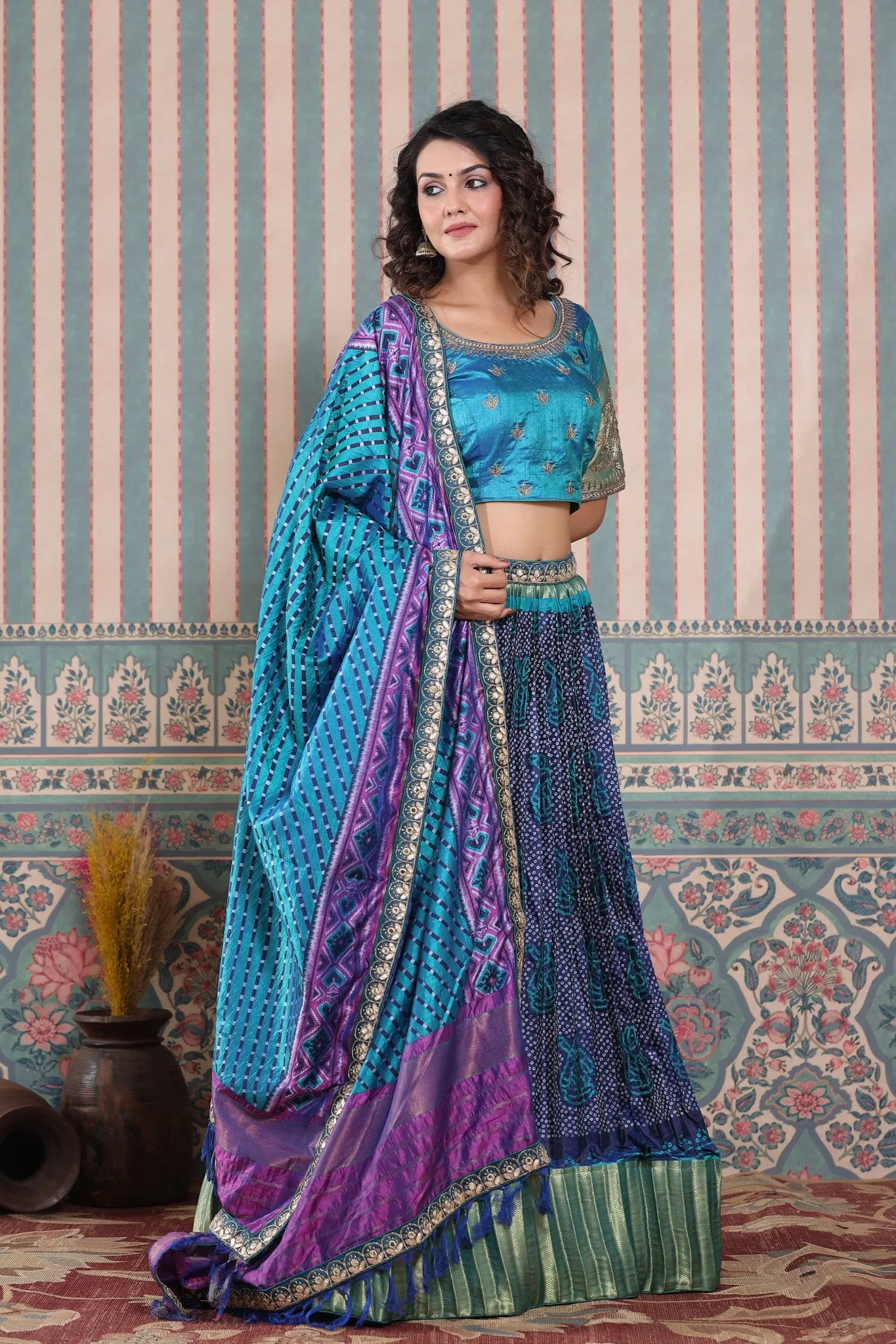 30Z235-RO Blue Lehenga Set With Bandhej Print