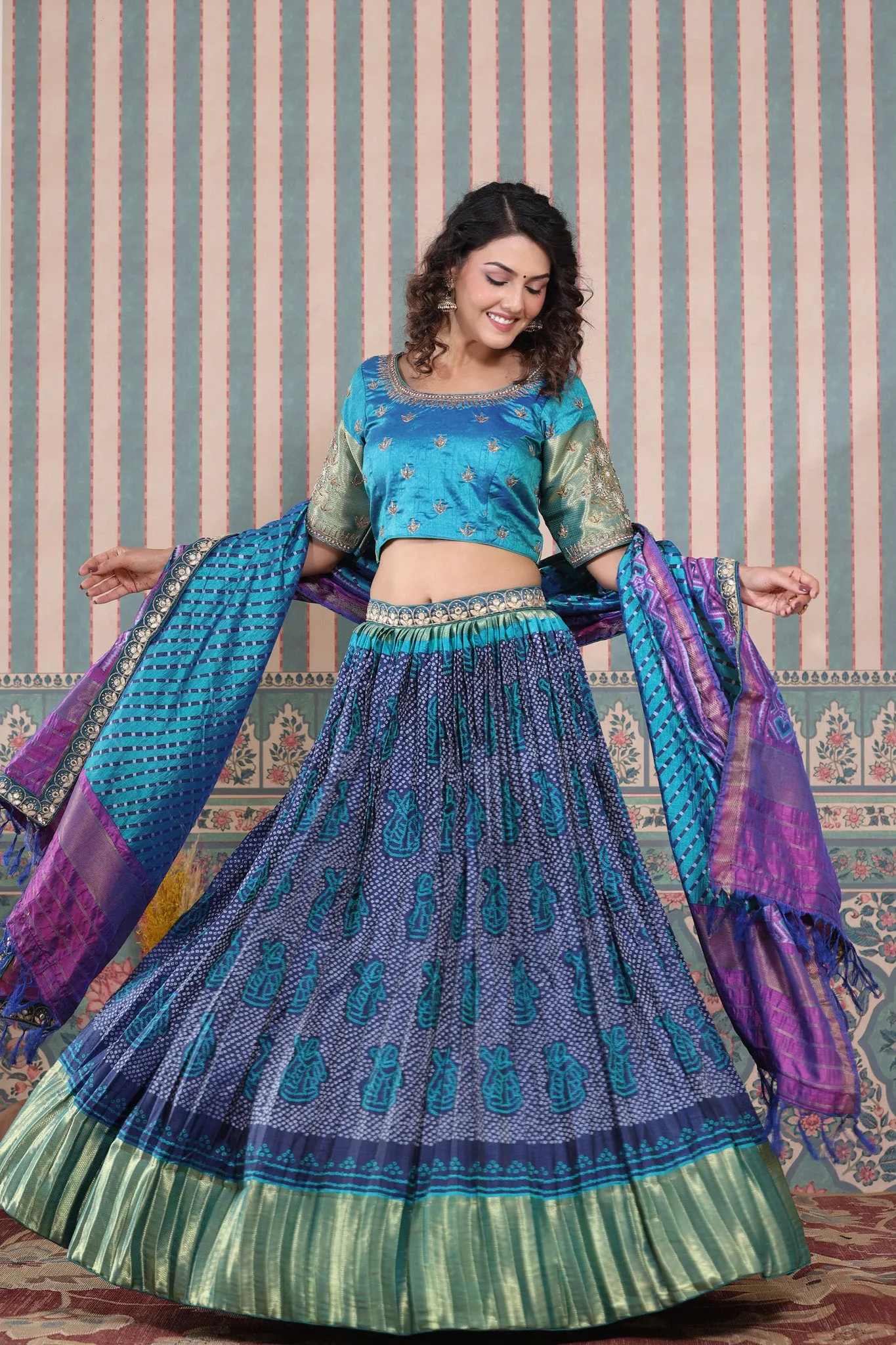 30Z235-RO Blue Lehenga Set With Bandhej Print