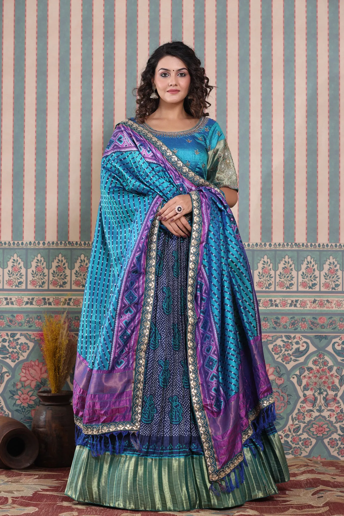 30Z235-RO Blue Lehenga Set With Bandhej Print