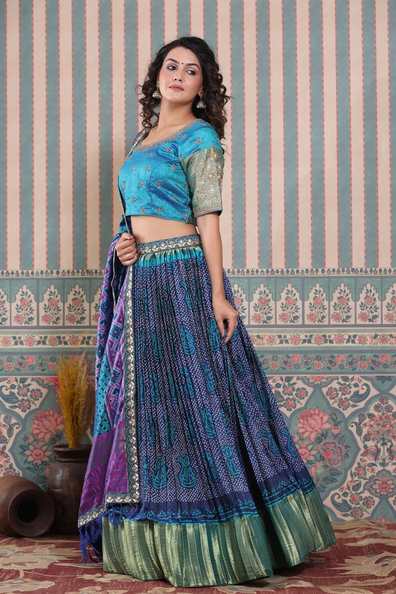 30Z235-RO Blue Lehenga Set With Bandhej Print