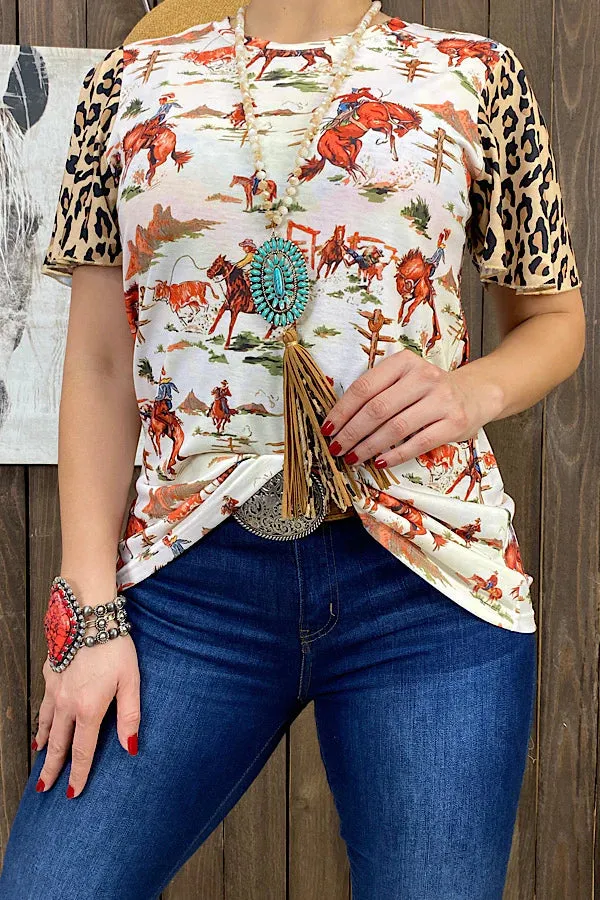 3X..Cowboy Western Print Top with leopard ruffle short sleeve