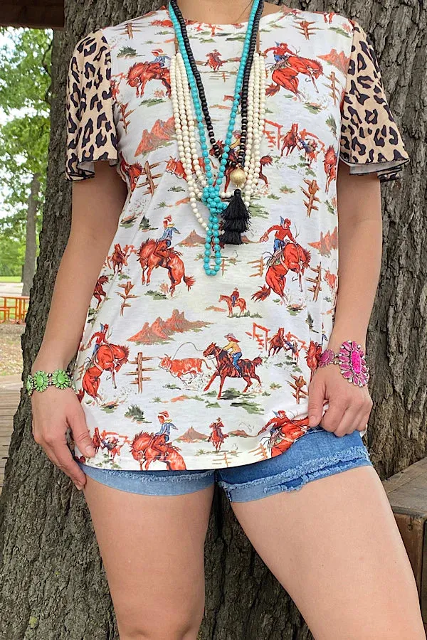 3X..Cowboy Western Print Top with leopard ruffle short sleeve