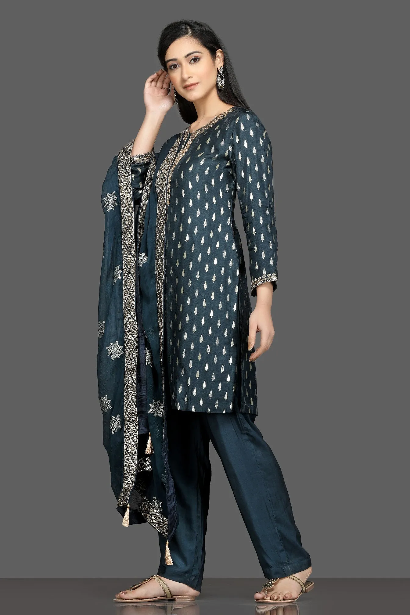 50Z152-RO Blue Embroidered Pant Suit with Embroidered Dupatta