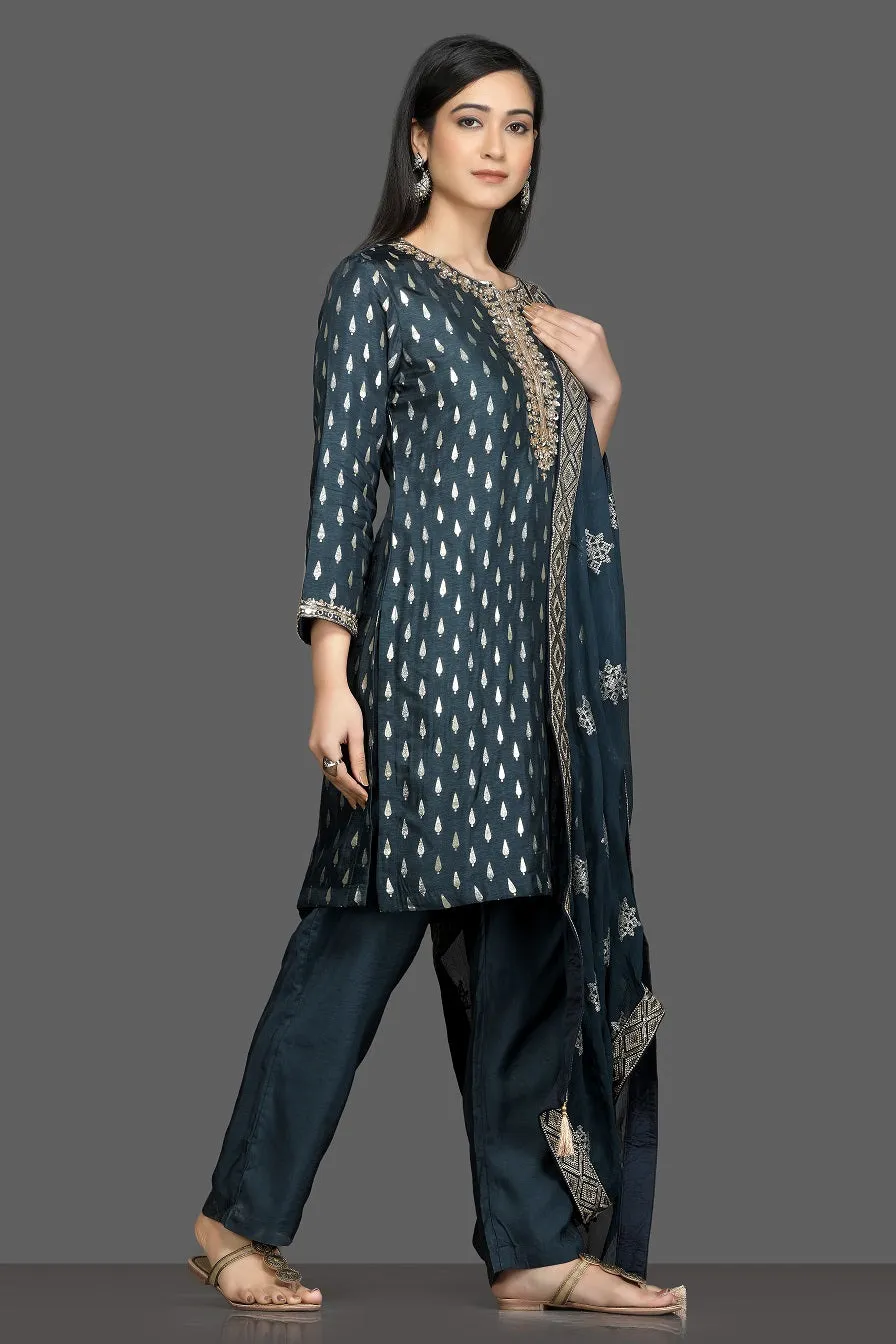 50Z152-RO Blue Embroidered Pant Suit with Embroidered Dupatta