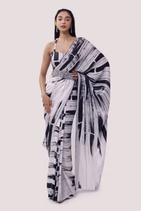 90Z818-RO Black white Printed Saree