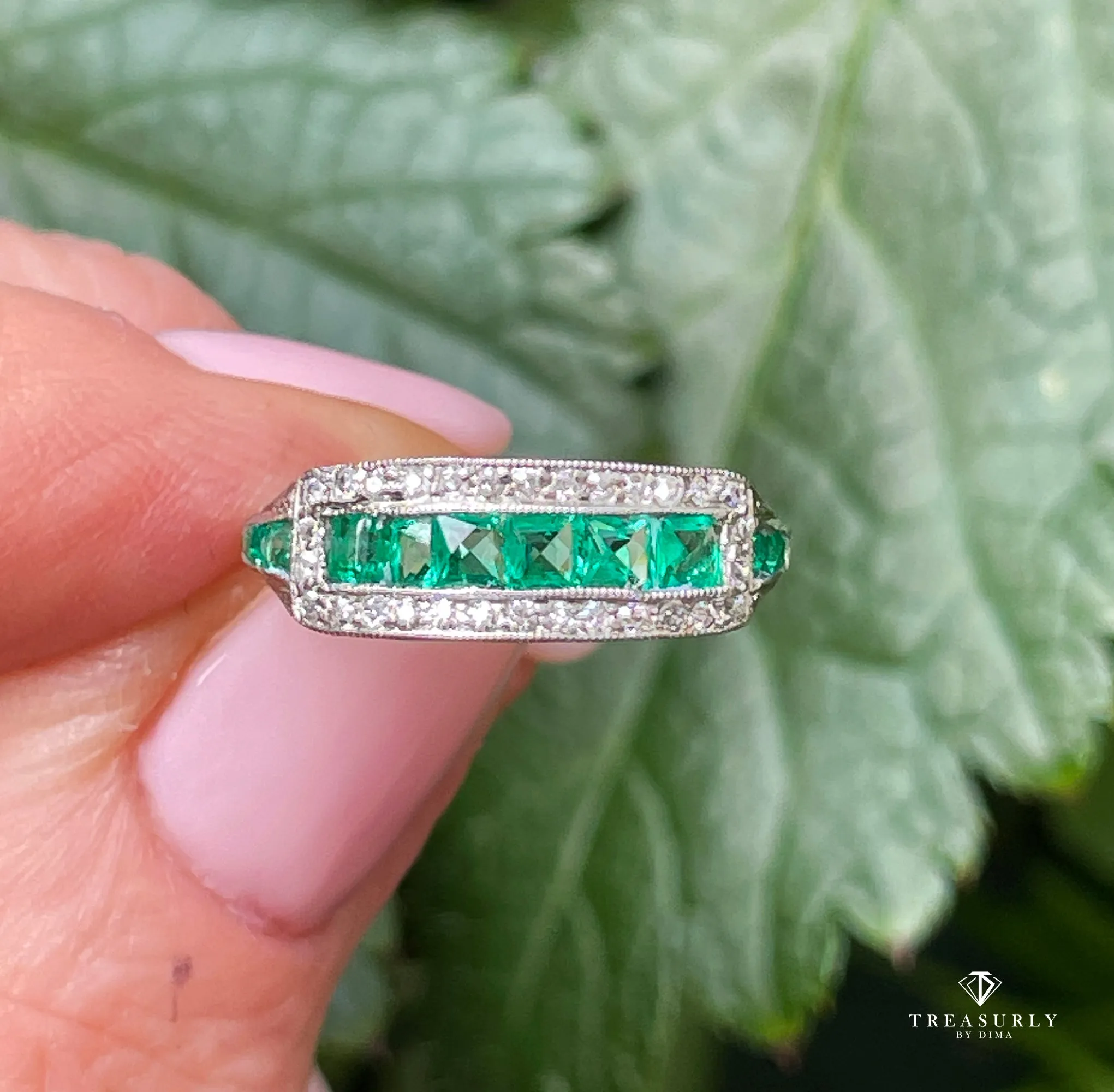 Art Deco 1.30ct Emerald & Diamond Wedding Engagement Anniversary Platinum Ring Band