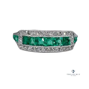 Art Deco 1.30ct Emerald & Diamond Wedding Engagement Anniversary Platinum Ring Band