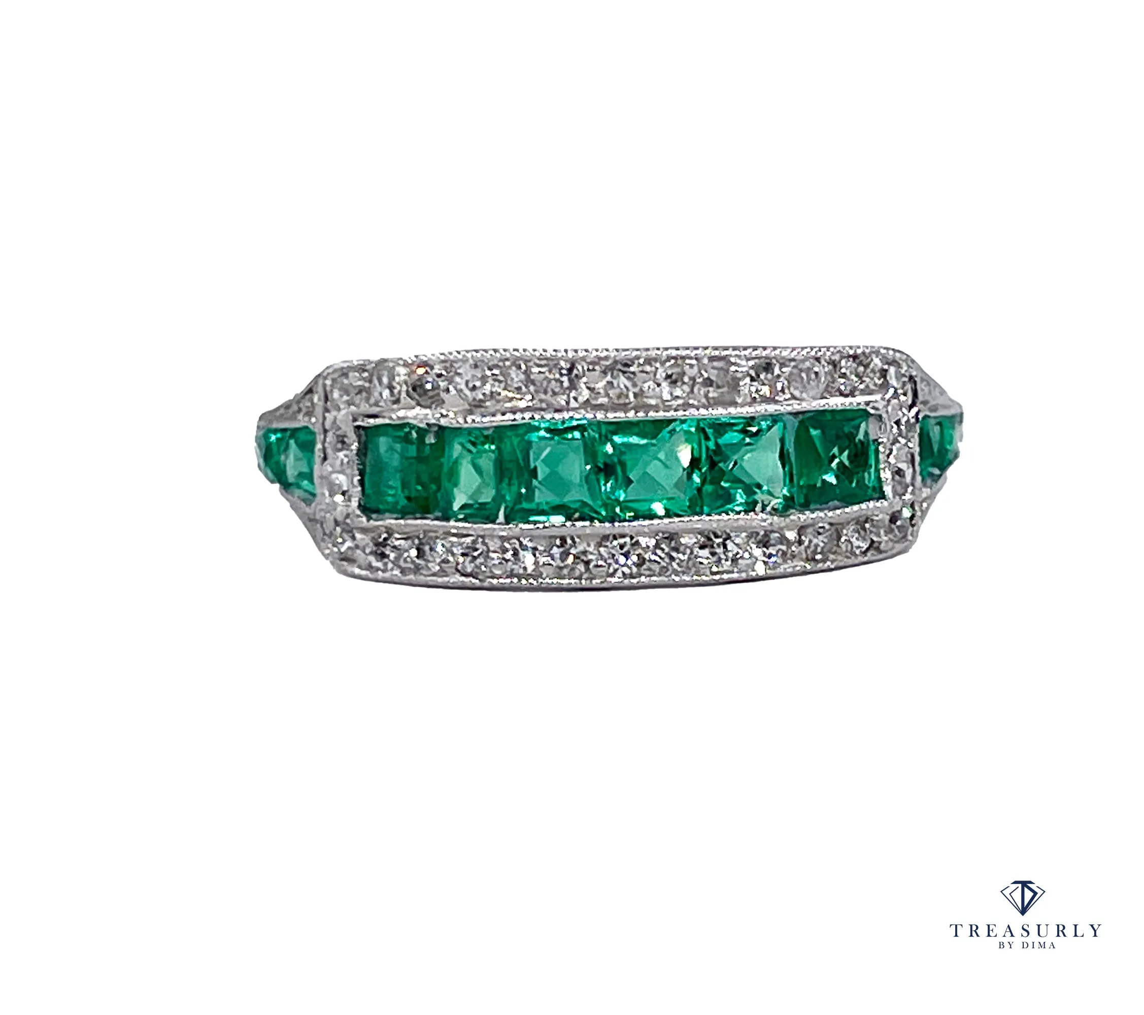 Art Deco 1.30ct Emerald & Diamond Wedding Engagement Anniversary Platinum Ring Band