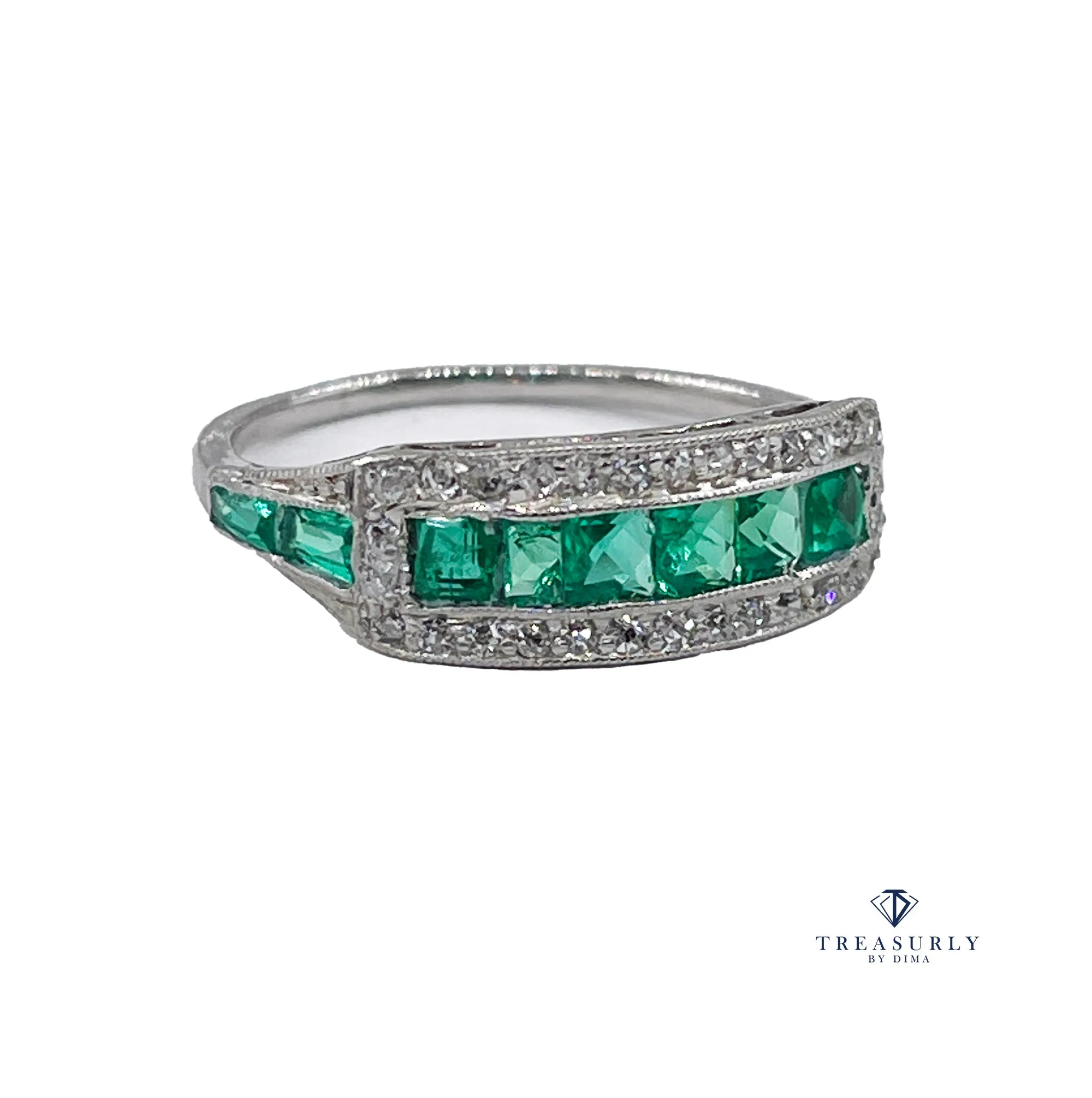 Art Deco 1.30ct Emerald & Diamond Wedding Engagement Anniversary Platinum Ring Band