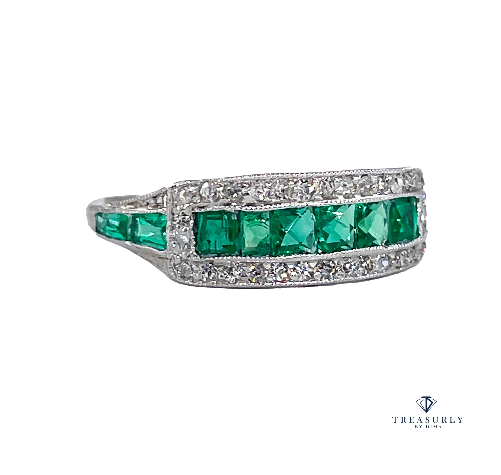 Art Deco 1.30ct Emerald & Diamond Wedding Engagement Anniversary Platinum Ring Band