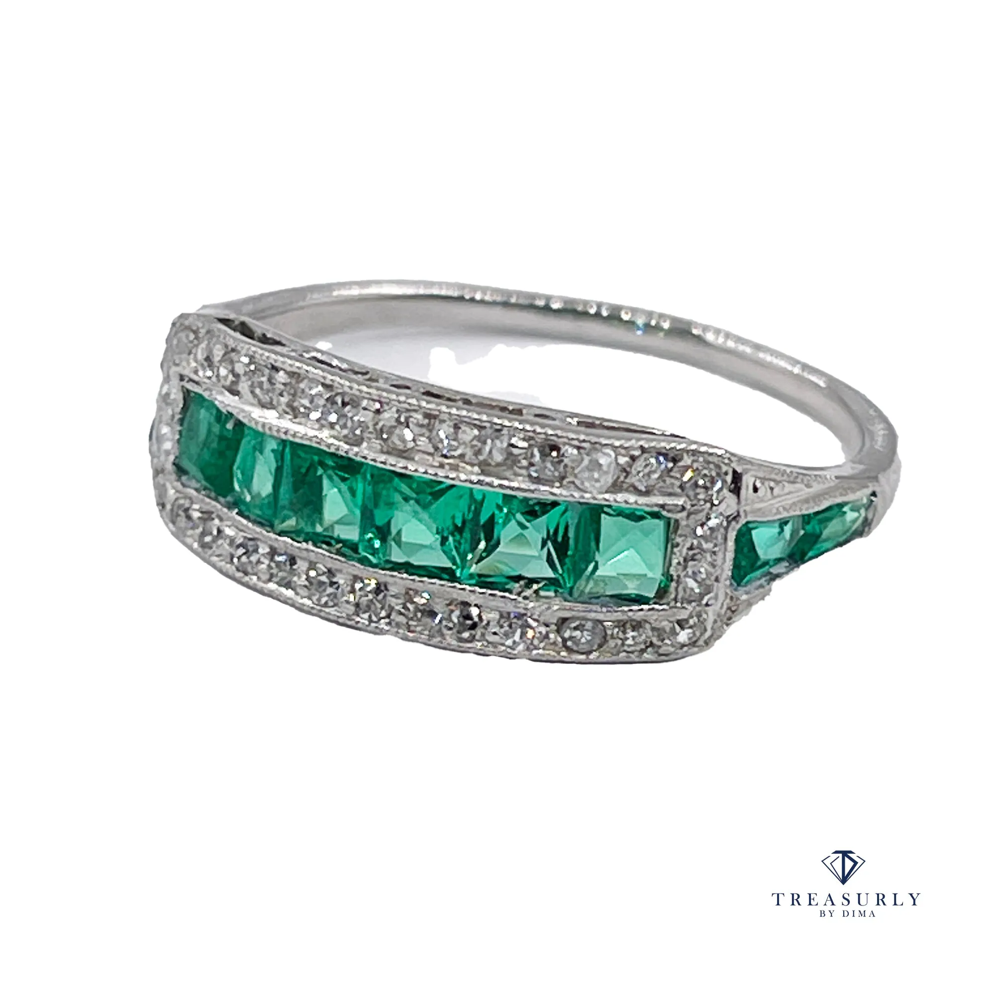 Art Deco 1.30ct Emerald & Diamond Wedding Engagement Anniversary Platinum Ring Band