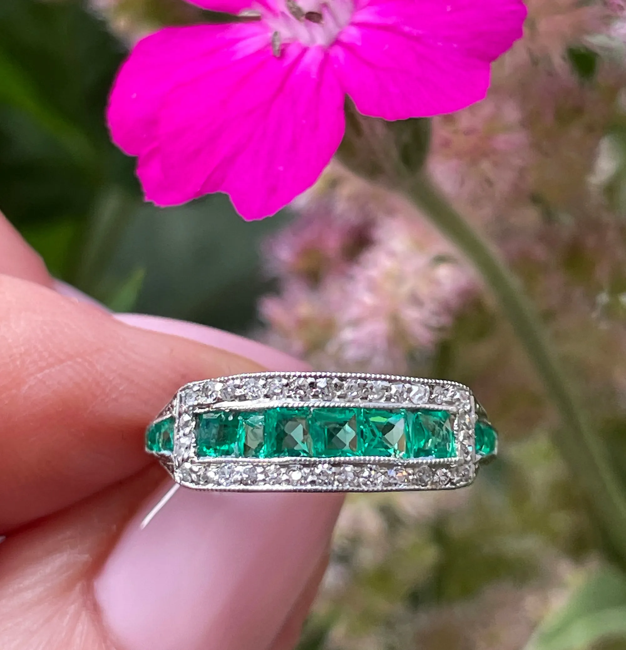 Art Deco 1.30ct Emerald & Diamond Wedding Engagement Anniversary Platinum Ring Band