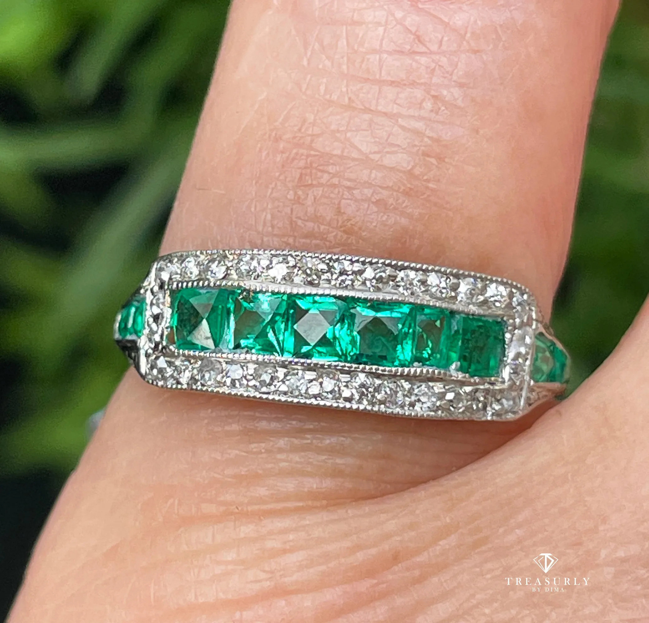 Art Deco 1.30ct Emerald & Diamond Wedding Engagement Anniversary Platinum Ring Band