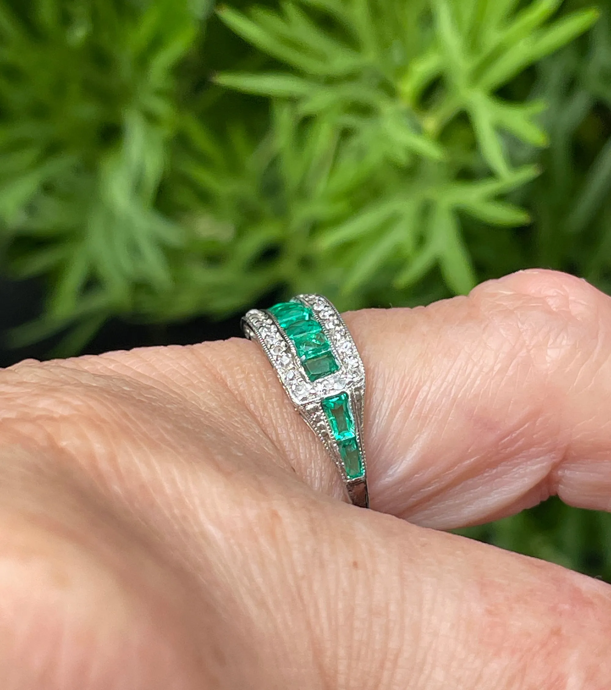 Art Deco 1.30ct Emerald & Diamond Wedding Engagement Anniversary Platinum Ring Band