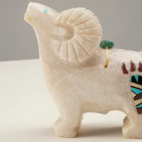 Ben Livingston Alabaster with Multi Gemstone Inlay Handmade Zuni Fetish Ram Carving