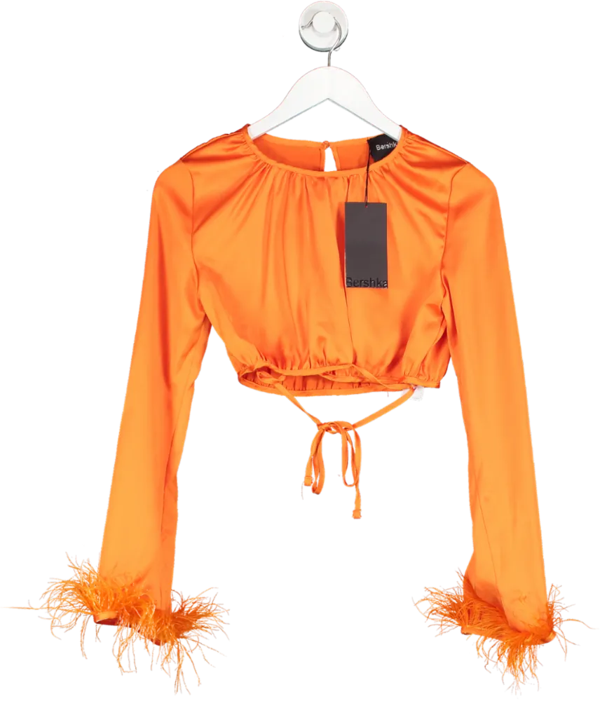 Bershka Orange Cropped Satin Blouse With Feather Trim UK S