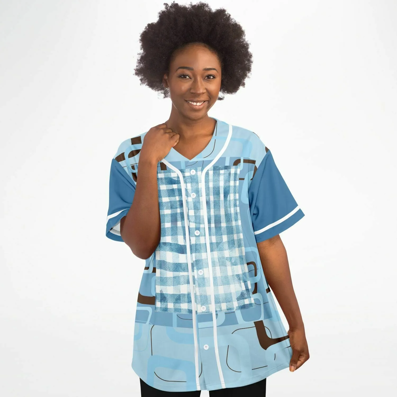 Blue Geo Patchwork Plaid Baseball Jersey