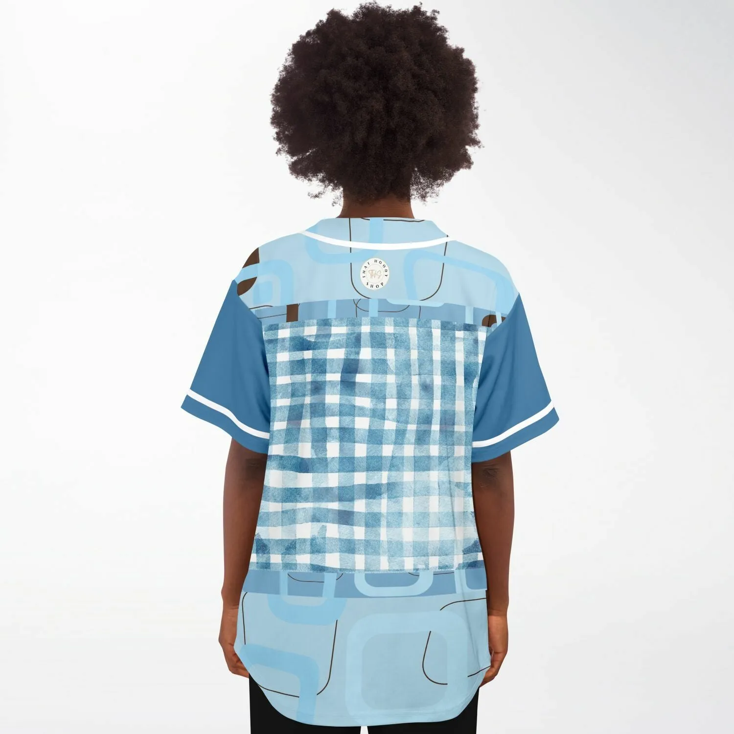 Blue Geo Patchwork Plaid Baseball Jersey