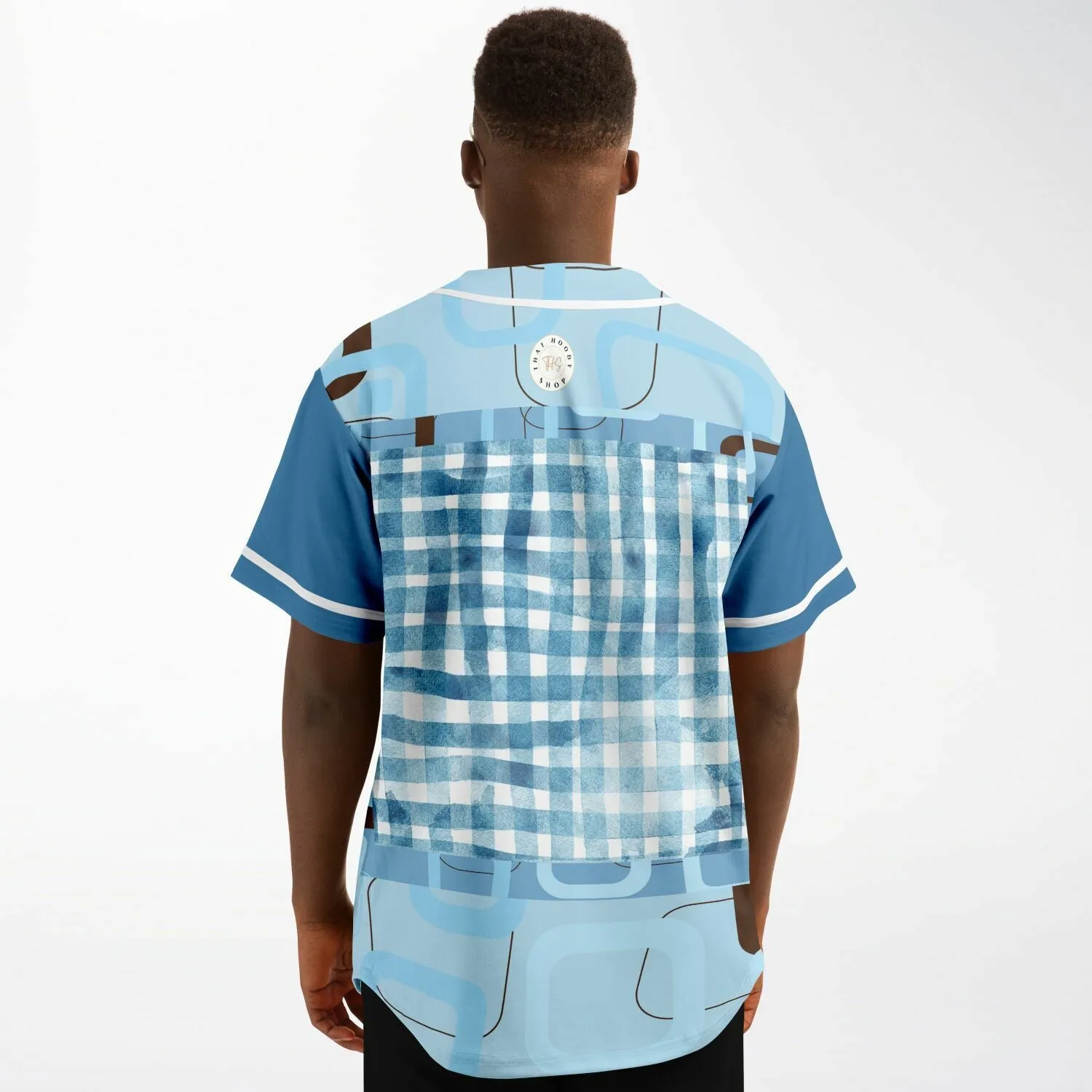 Blue Geo Patchwork Plaid Baseball Jersey