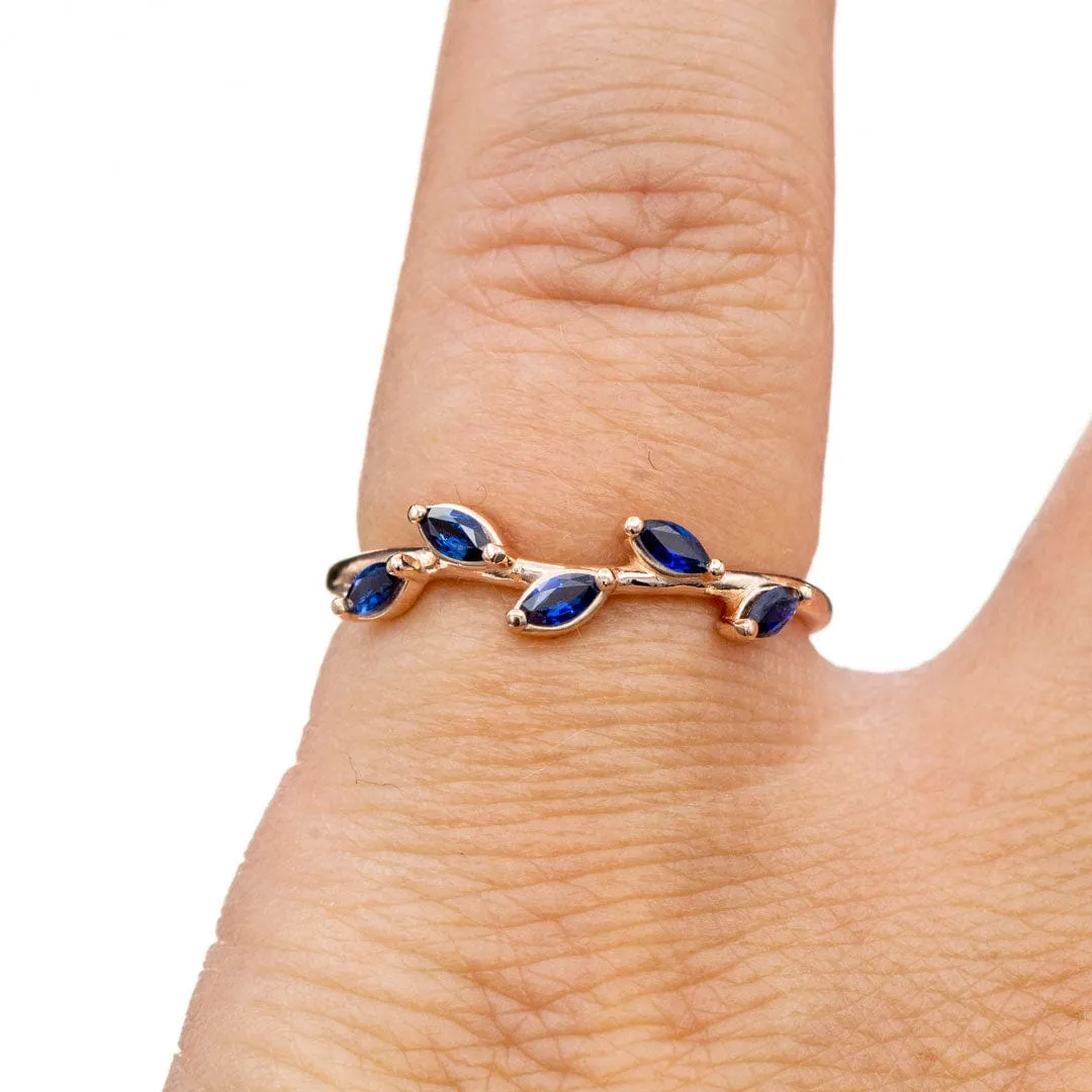 Blue Sapphire or Ruby Phyliss Band - Delicate Leaf Ring Stacking Anniversary Ring