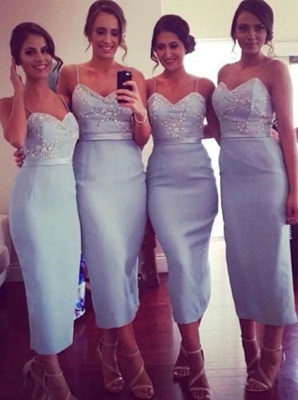 Chic Sheath Spaghetti Straps Ankle-Length Light Blue Bridesmaid Dresses