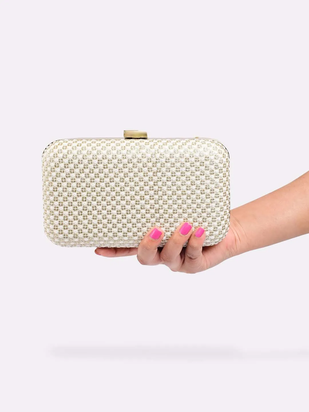 Cream Sequin Embroidered Clutch Bag