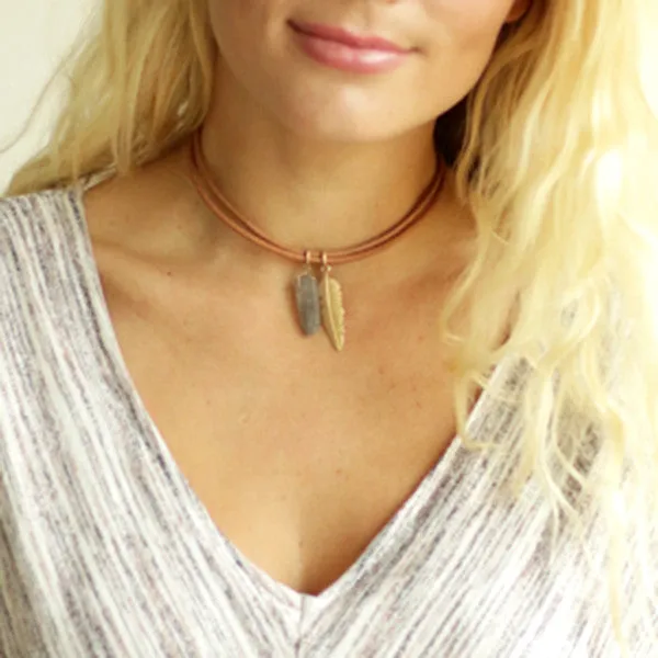 Crystal Leather Choker with Gold Feather Brown