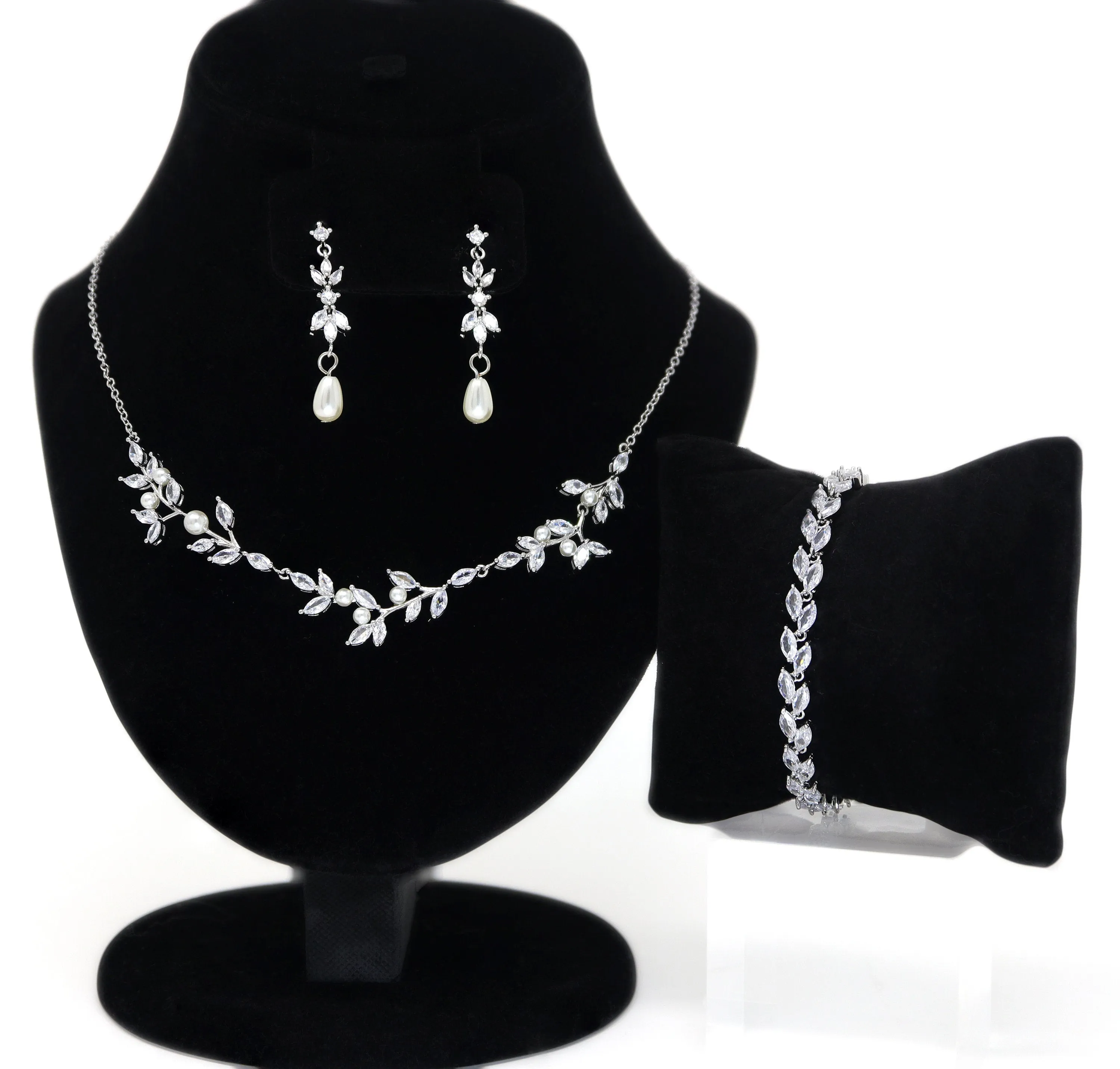 CZ Radiant Leafy Pearl Bridal Necklace Set , Bridal Jewelry, Bridal Earrings And Necklace, Statement Earrings Cz Necklace Set.