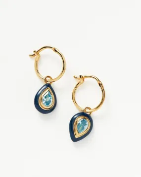 Enamel & Stone Droplet Charm Mini Hoop Earrings | 18ct Gold Plated Vermeil/Aqua Blue Cubic Zirconia