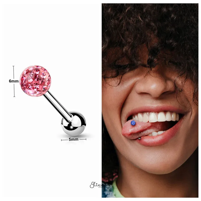 Epoxy Covered Crystal Paved Ferido Balls Tongue Barbell - Pink