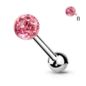 Epoxy Covered Crystal Paved Ferido Balls Tongue Barbell - Pink