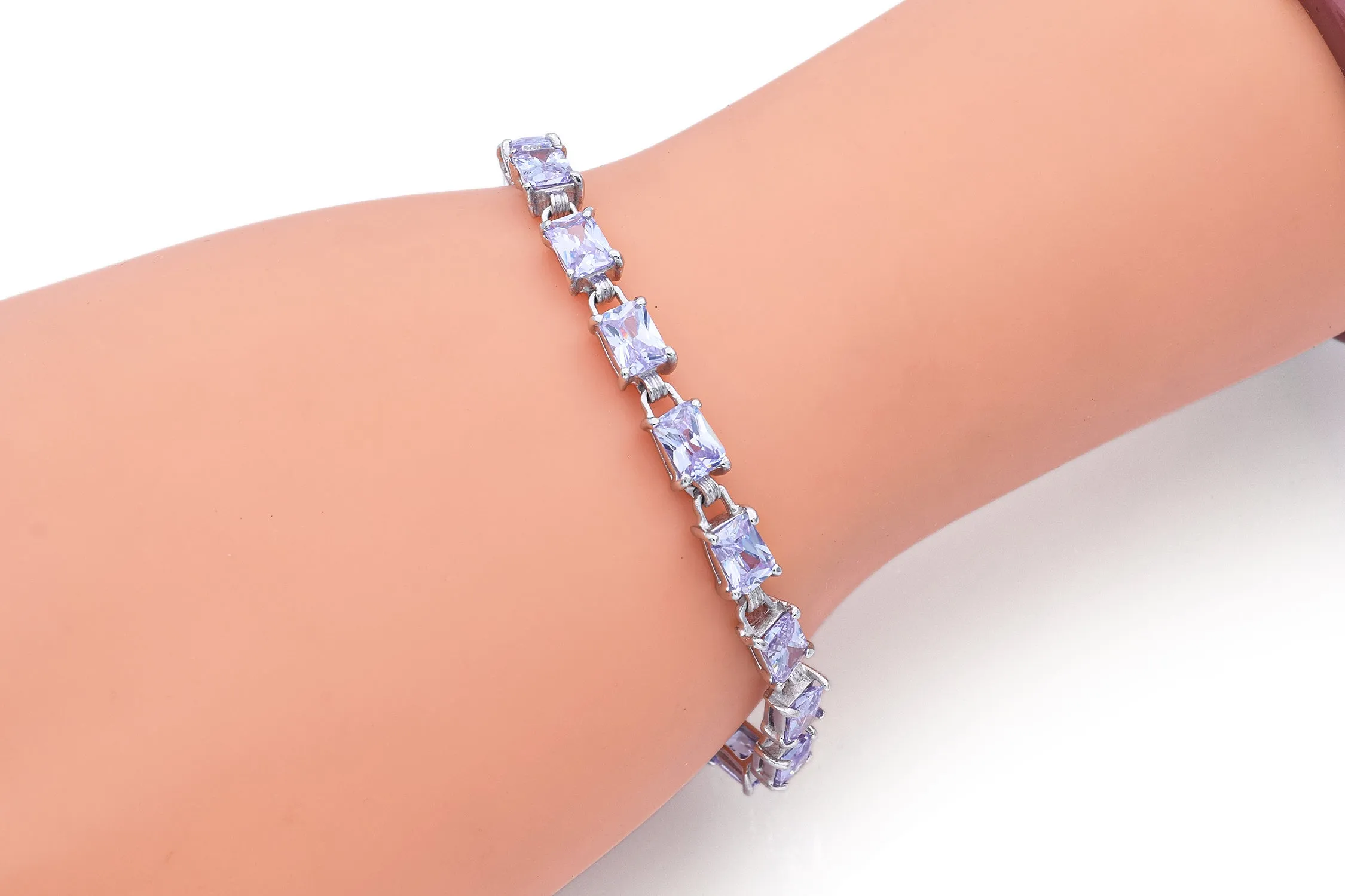 Estate 9K White Gold Emerald Cut Purple CZ Tennis Link Bracelet