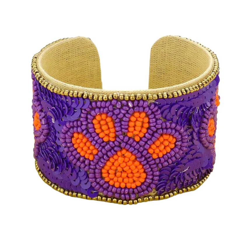 Game Day Sequin Seed Beaded Paw Accented Cuff Bracelet