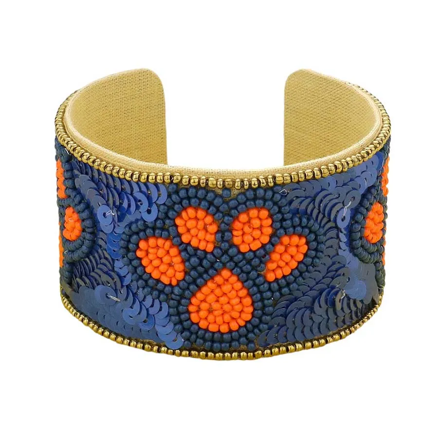 Game Day Sequin Seed Beaded Paw Accented Cuff Bracelet