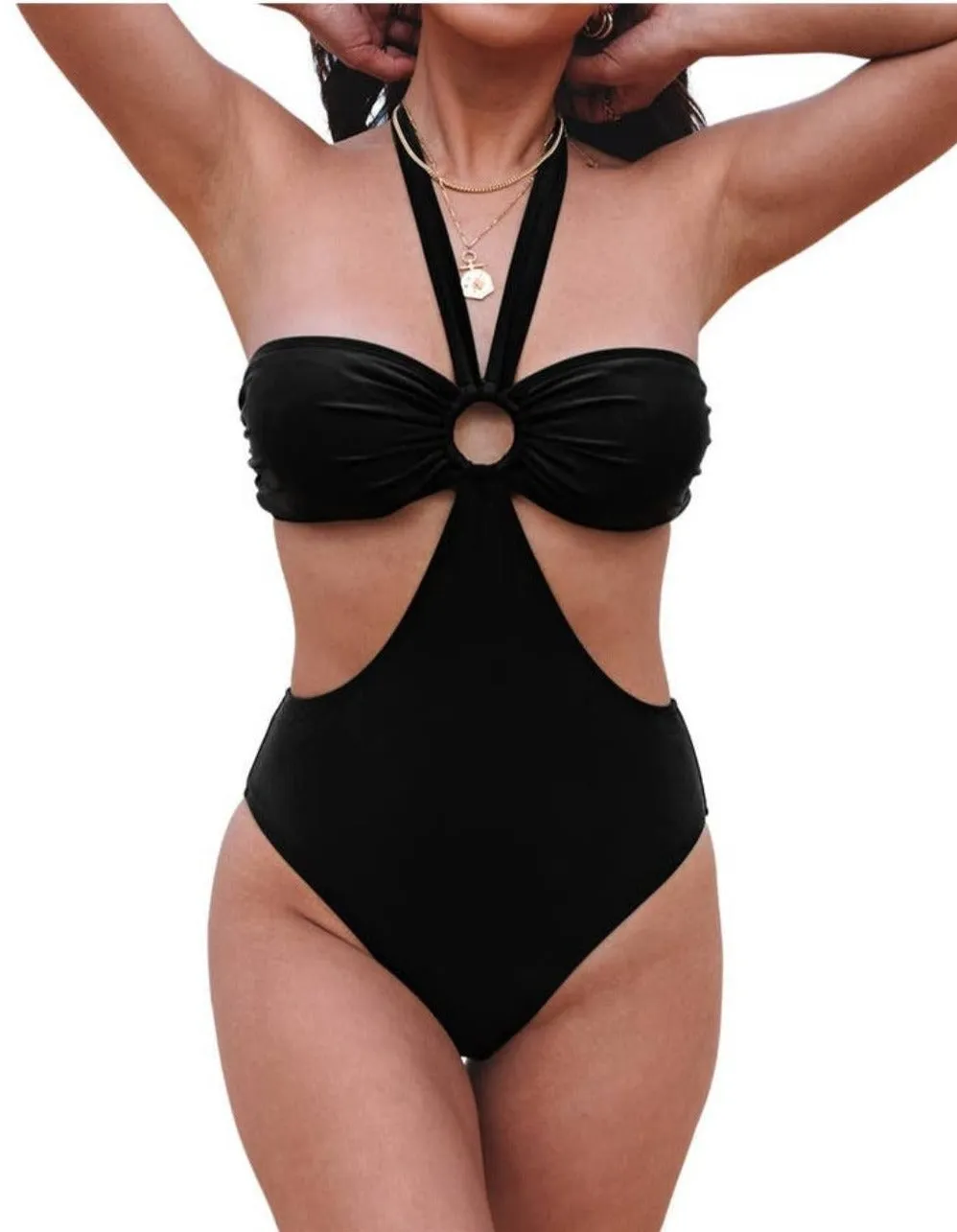 Halter Ruched Cut Out Swimsuit