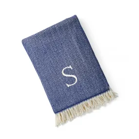 Herringbone Plush Throw, Navy Personalized