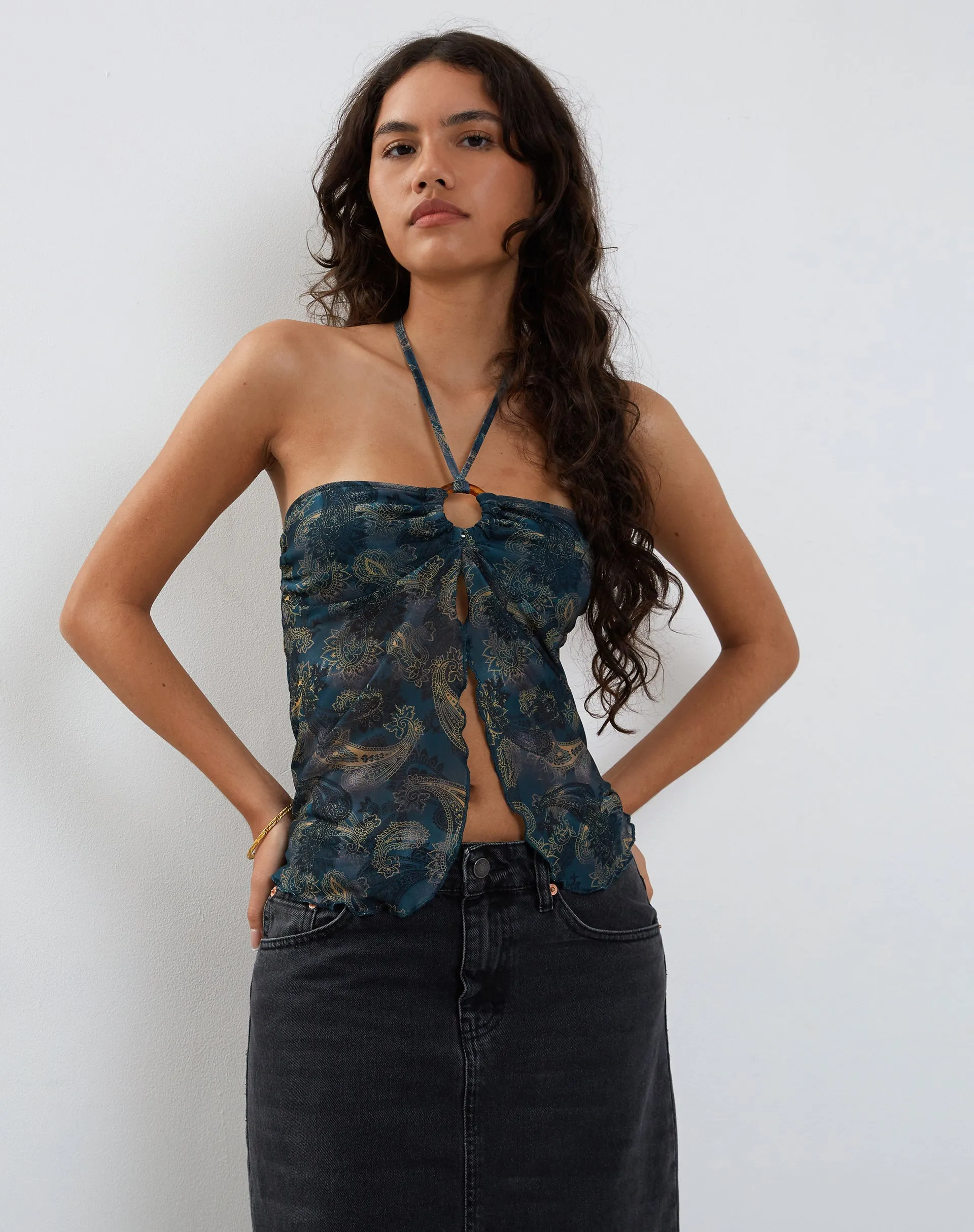 Janar Halterneck Top in Tonal Paisley Blue