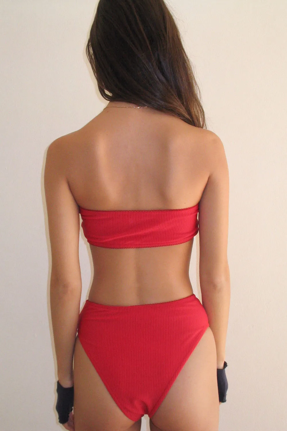 Jenna Ribbed High Waist Bikini Bottom - Crimson