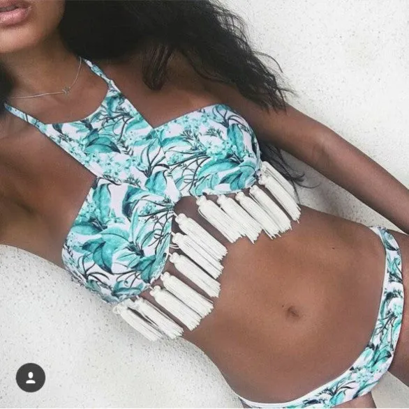 Leaves Print Tassel Bikini Set