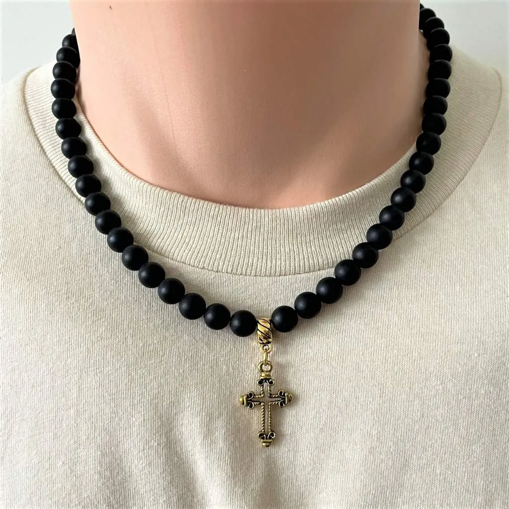 Matte Black Onyx Mens Beaded Necklace with Gold Cross