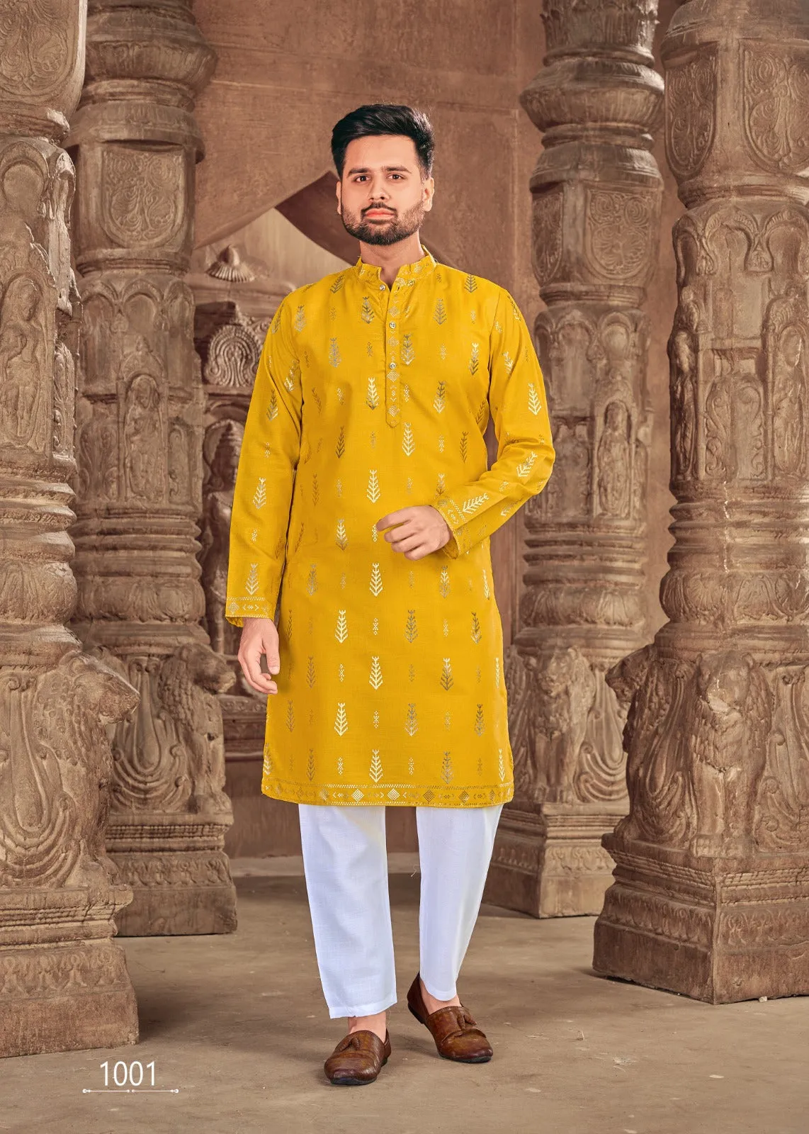 Men's Yellow Cotton Kurta with Foil Print and Pajama